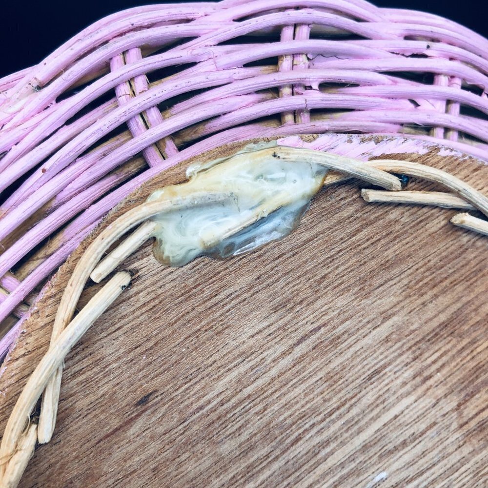80s Pink Woven Wicker Oval Mirror Vintage Girly Bedroom Retro Wall Decor - Picture 10 of 10